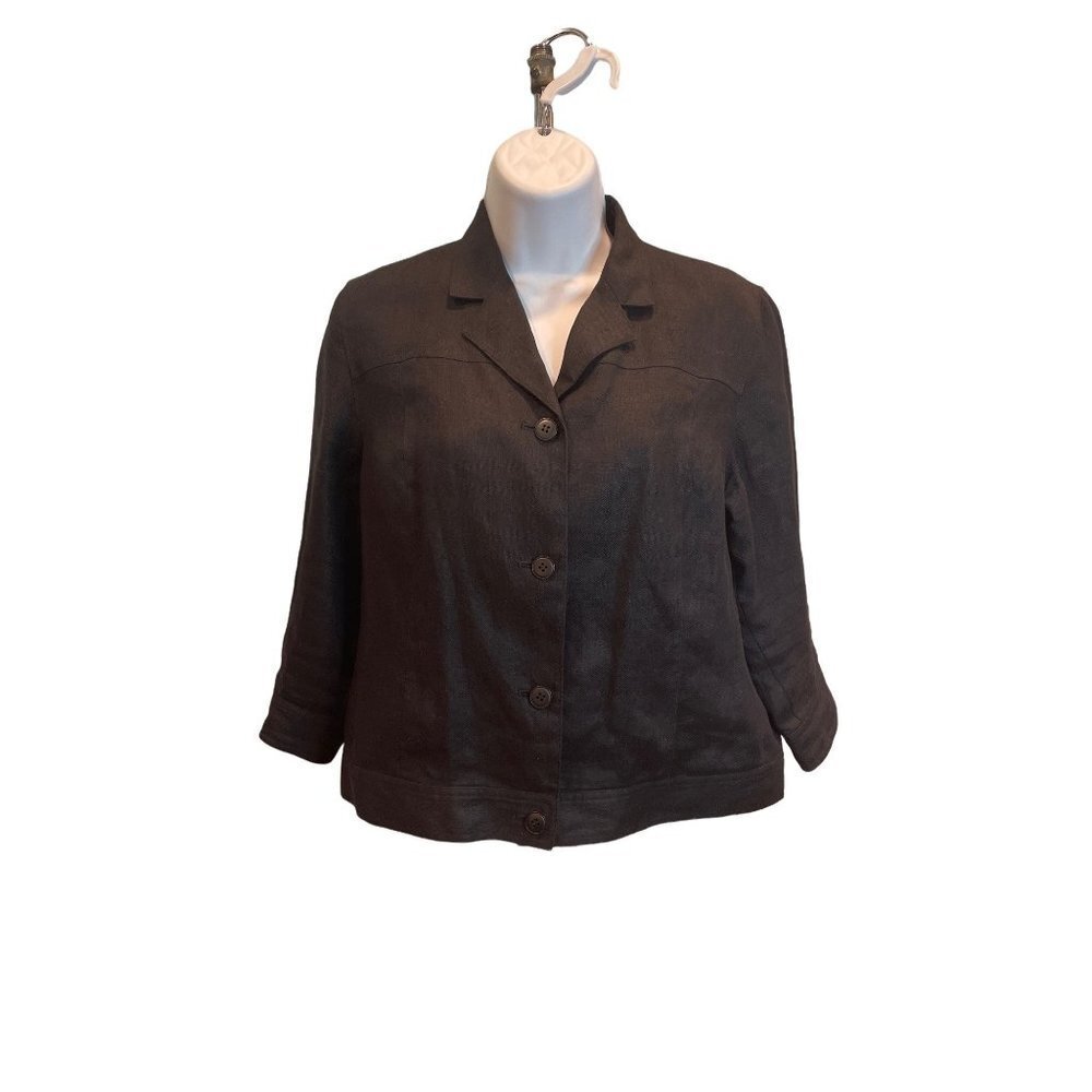 Talbot's Irish Linen Black 3/4 Sleeve Button Front Top Jacket Sz 8P